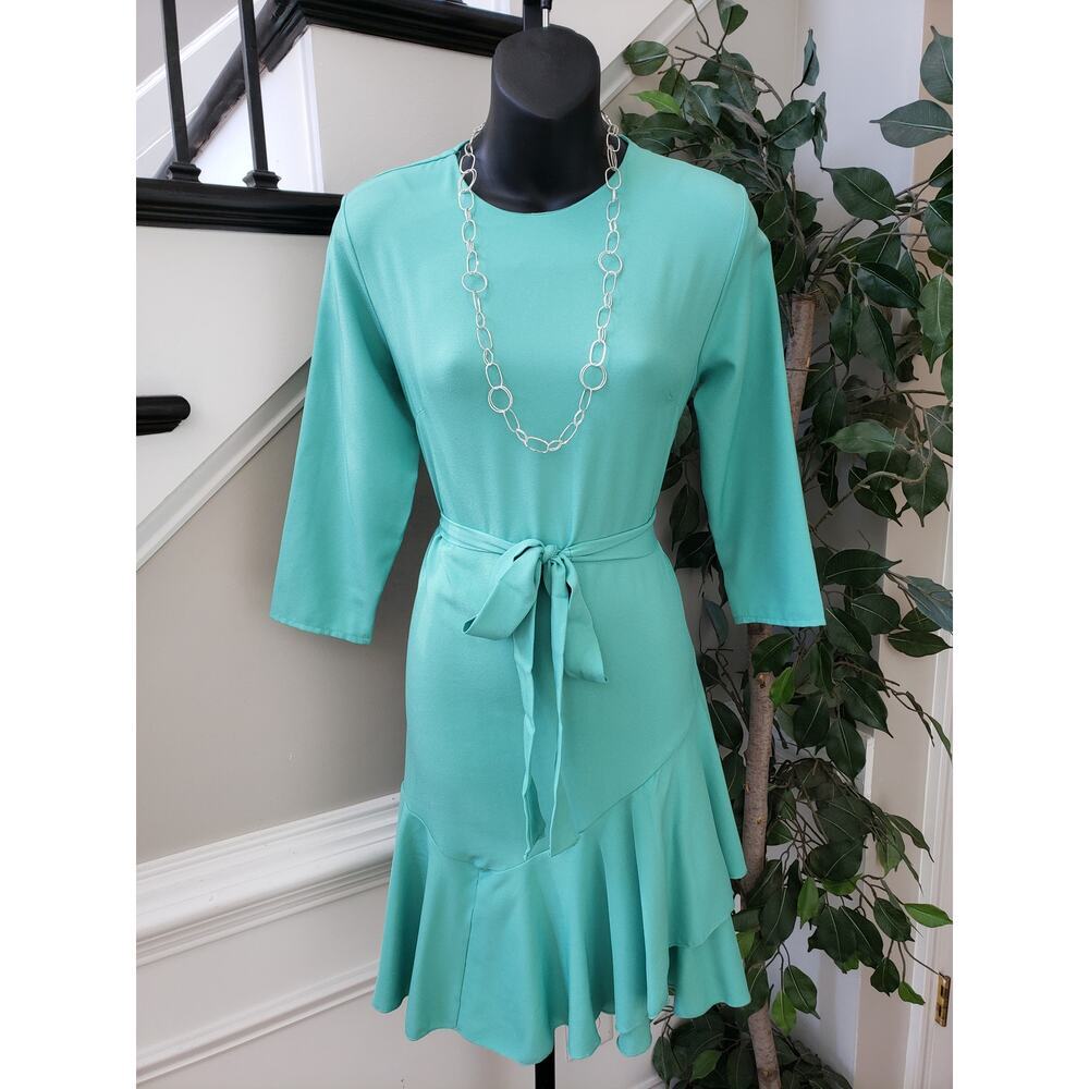 Carole Christian Sheath Dress Womens Small Aqua Crepe Ruffle Hem Tie Front